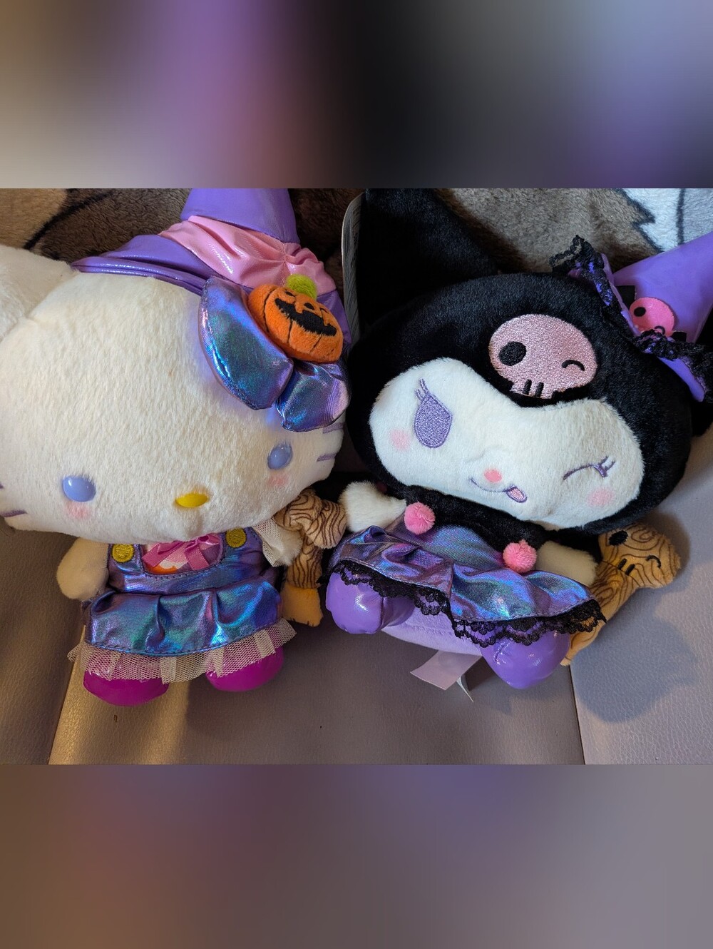 Sanrio Plush Duo Hello Kitty & Kuromi in Purple Iridescent Costumes Halloween